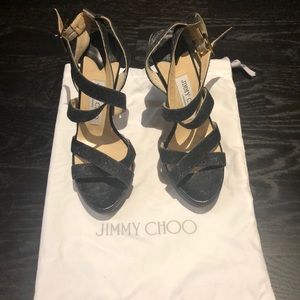 Jimmy Choo Black Glitter High Heel Sandal